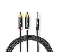 Nedis 2m Profigold RCA Cable, 2x RCA Phono Male to 1x 3.5mm Jack Male, Gold Plated, Nylon Braided, Stereo Audio Cable for Phone, Tablet, Home Cinema, Hi-Fi, DJ - Grey