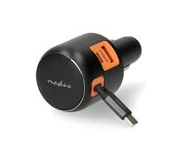 Nedis 60W Car Charger with Retractable USB-C Cable, PD3.0 USB-C and USB-A Charger with 30W Power Delivery, Automatic Voltage Selection and PPS, 12V or 24V - Dark Grey