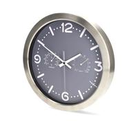 NEDIS Analogue Wall Clock, Silent Non-Ticking Quartz Movement with Thermometer and Hygrometer, Stainless Steel Frame for Office and Home, 30cm - Silver/Grey