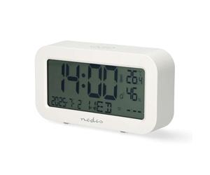 NEDIS Digital Desk Alarm Clock, Blue LCD Backlight with Dual Alarm and Snooze, Battery Operated Bedroom Clock with Temperature, Humidity and Date - White