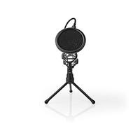 Nedis Microphone Table Tripod Stand, Foldable with Adjustable 180° Holder & Pop Filter, Supports Mics Under 44 mm, 360° Flexible Neck, Reduces Side Noise for Speech & Singing