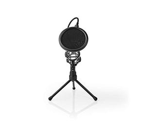 Nedis Microphone Table Tripod Stand, Foldable with Adjustable 180° Holder & Pop Filter, Supports Mics Under 44 mm, 360° Flexible Neck, Reduces Side Noise for Speech & Singing
