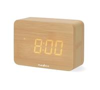 NEDIS Small Digital Alarm Clock, Wooden LED Display with 3 Brightness Levels, USB or Battery Powered Bedside Clock with Temperature and Date - Wood