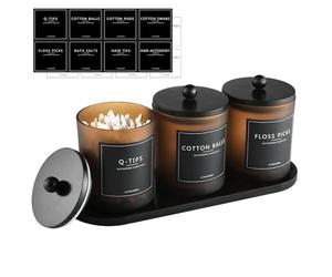 NEECZS 3 Pack Qtip Holder Bathroom Set,Cotton Ball Swab Pad Holder Cotton Round Floss Pick Dispenser with Tray,Glass Apothecary Jars with Lids,Bathroom Organizers and Storage Canisters-Amber