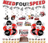 Need Four Speed Birthday Decorations - 47 Pcs Red Black Banner Garland Ballons Swirls With Need 4 Cake Cupcake Toppers For Boy Racing Car 4th Birthday Party Supplies