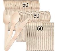NEEDFULON 150pcs Disposable Wooden Cutlery Set, Excellent quality, Eco Friendly Biodegradable & Compostable For Party Picnic Office Wedding & Indoor/Outdoor use, Deep spoons strong forks sharp knives.