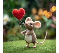 Needle Felted Mouse Valentine's Day Gift, Handmade Felt Mice Figurines with Love Letter and Rose, Mouse Couple Ornaments for Tiered Tray Tabletop Home Car Décor (Mouse and Balloon a)