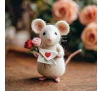 Needle Felted Mouse Valentine's Day Gift, Handmade Felt Mice Figurines with Love Letter and Rose, Mouse Couple Ornaments for Tiered Tray Tabletop Home Car Décor (Flower & Letter)