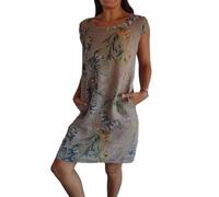 Needream Dresses,Women's Cotton and Linen Round Neck Printed Dress,Summer Casual Fashion Loose Beach Dress (UK, Alpha, XL, Regular, Regular, Camel)