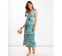 Needs No Label Green Ikat Ruffle Cutout Midi Dress - 16