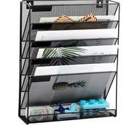 Needs & Wants® 5 Tier A4 Mesh in Tray Assemble Wall Pocket File Holder Hanging Mail Organiser Magazine Storage Rack With Flat Shelf for Extra Storage, Black