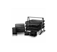 Needs & Wants® Premium Mesh Office Set of 5 PCS - 3 Tier Paper Tray, Letter Rack, Pen Pot, Clips and Memo Pad Holder - Metal - Desk Organiser and Tidy Workspace - Silver (Silver)