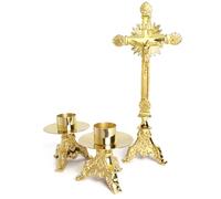 Needzo Elegant Brass Cross with Candle Holders Altar Set, Catholic Church Supplies, 16.75 Inches