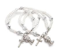 Needzo First Communion Bracelets, Faux Pearl Beads with Chalice and Cross Charms, Silver Tone Religious Rosary Double Strand Bracelet, Catholic Gifts, Pack of 2