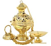 Needzo High Polished Brass Hanging Church Censer Thurible with Matching Boat and Spoon Set