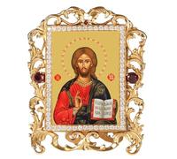 Needzo Icon of Jesus Christ The Teacher Russian Orthodox Catholic Icon - Framed in Jeweled Frame, 4 Inches, Religious Gift For Man, Woman