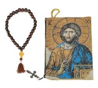 Needzo Jesus Christ Tapestry Icon Rosary Prayer Bead Pouch Case with 33 Knot Wooden Prayer Beads Set