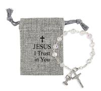 Needzo My First Holy Communion Gift Set for Girls, Glass Bead Rosary Bracelet with Gray Burlap Pouch, Religious Keepsakes for Daughters, 3 x 4 Inch Bag