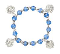 Needzo Roses of Mary Devotional Bracelet, Blue Glass Beads with Metal Rose Charms, Catholic Jewelry Gift for Women, 7.25 Inches