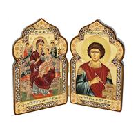 Needzo Russian Healer St Saint Panteleimon Wooden Orthodox Icon and Virgin Mary Queen of All Refuge of Sick and Cancer Suffers Diptych, 4 Inch, Dome Shape, Gold Foil