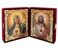 Needzo Sacred Heart of Jesus and Mary Catholic Icon Diptych, Gold Foil Icons in Burgundy Velvet Case, 5 Inch, Religious Wall Art for Living Room