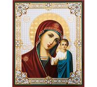Needzo Virgin Mary Icon Russian Orthodox Catholic Christian Virgin of Kazan Wooden Icon Wall Hanging 5 1/4 Inch, Gold Foil Religious Gift