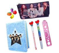 Neel® 9 Pcs BTS Team School Stationery Set for Kids 1pcs BTS Fur Diary Fur Notebook, 1 BTS Pencil Case Pencil Pouch, 1 Water Pen, 1 Pencil, 4 Eraser & 1 Scale Retur Gift Set for Kids (Black, Red)