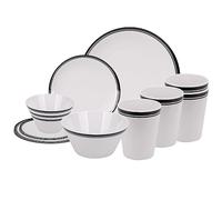 Neel Blue 16-Piece Dinnerware Set Melamine Plates, Dessert Plates, Bowls & Cups Dining Tableware Reusable Dinnerware Set for Indoor, Outdoor, Picnic & Camping, Service for 4, White with Black Stripe