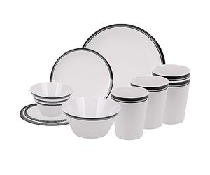 Neel Blue 16-Piece Dinnerware Set Melamine Plates, Dessert Plates, Bowls & Cups Dining Tableware Reusable Dinnerware Set for Indoor, Outdoor, Picnic & Camping, Service for 4, White with Black Stripe