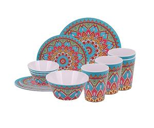 Neel Blue 16-Piece Dinnerware Set Melamine Plates - Moroccan Design | Service for 4, Dessert Plates, Bowls & Cups Reusable Dining Tableware Set for Indoor, Outdoor, Picnic & Camping