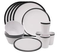 Neel Blue 16Pcs Melamine Dinnerware Set, White With Black Stripe Design
