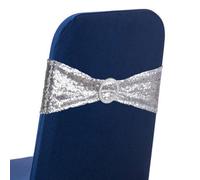 Neel Blue 1Pc Sequin Chair Band With Slider Buckle, Stretchy Fabric Chair Band Sash - Silver