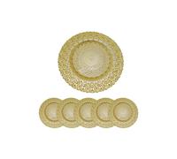 Neel Blue 33cm Set of 6 Charger Plates Peacock Design Glass Plates for Dinner Table Decoration in Metallic Gold Neel Blue Metallic Gold