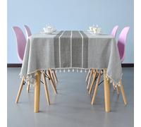 Neel Blue 55 X 78 Inch Table Cloth, Stitch & Fringe Tassels Polyester Linen Rectangle Table Cover, Grey