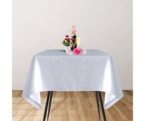 Neel Blue 90X90 Inch Square Damask Tablecloth, Overlay Branch Swirl Pattern, White