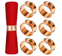 Neel Blue Beaded Rim Napkin Rings, Serviette Holders, Hammered Design Metal Napkin Buckles - Rose Gold, 6Pcs