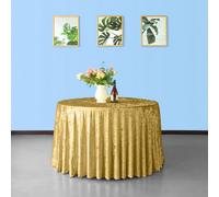 Neel Blue Diamond Velvet Round Tablecloth, Gold , 120 Inch