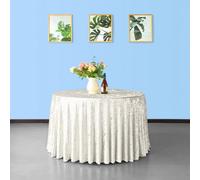 Neel Blue Diamond Velvet Round Tablecloth, Ivory , 108 Inch