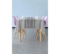 Neel Blue Embroidery Stitch & Fringe Tassels Tablecloth, 140cm x 180cm in Grey | Size: 140 cm x 180 cm Neel Blue Grey 140 cm x 180 cm