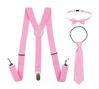 Neel Blue Kids Suspenders With Bow Tie & Necktie Set, Fully Elasticated Brace, Light Pink