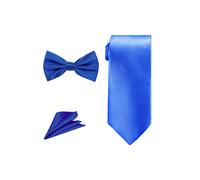 Neel Blue Men's Bow Tie Set, Necktie & Pocket Square, Satin Neck Ties with Handkerchief in Blue Neel Blue Blue One Size