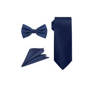 Neel Blue Men's Bow Tie Set, Necktie & Pocket Square, Satin Neck Ties with Handkerchief in Navy Neel Blue Navy One Size