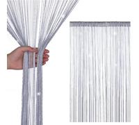 Neel Blue String Curtains Glitter Fringe Panel Fly Screen Doorway Tassel Curatin, 200Cm X 90Cm - Silver