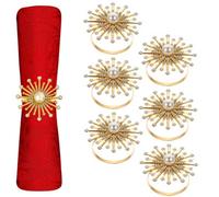 Neel Blue Sunburst Motif Pearl Napkin Rings, Gold Napkin Ring Holders With Diamante Rhinestone - 6Pcs