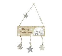Neel Blue Wooden Merry Christmas Hanging Sign, Rustic Silver Plaque With Reindeer Cut-Cut, Snowflakes