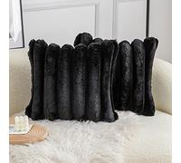 Neelvin Set of 2 Black Faux Fur Cozy Soft Striped Decorative Throw Pillow Covers 24x24 inch?60x60cm Velvet Pillowcase Cushion Covers for Sofa Couch
