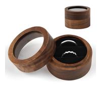 Neerow Wooden Ring Box, 5 x 5 x 3.3 cm Ring Box, Wedding, Solid Walnut Ring Box, Velvet Ring Box with 2 Slots, Round Ring Box for Proposal, Engagement, Wedding, Valentine's Day, Daily Storage