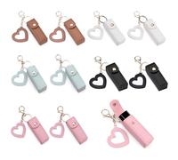 NEETUE 10PCS PU Leather Lipstick Holder Keychain with Heart-Shaped Mirror for Women, Portable Lip Gloss Organizer Small Lip Balm Keychain Holder for Travel Lipstick Storage (5 Colors)
