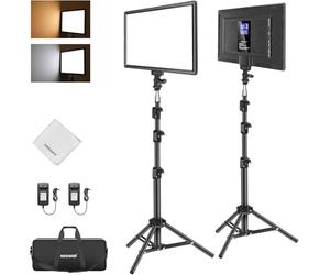 NEEWER 13 Inch LED Panel Video Light Photography Video Light Set with Tripod Stand & Cleaning Cloth, 2 Pieces 8000 mAh Dimmable Bi-Colour Studio Key Light 3200K-5600K CRI97+ 2400Lux for Live Streaming