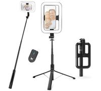 NEEWER BASICS 10W Selfie Light with Tripod Stand, 1200mAh LED Square Ring Lighting, 72" Selfie Stick Phone Holder Compatible with iPhone, CRI90 3 Modes Remote for Travel Vlog Video Recording, NL100B
